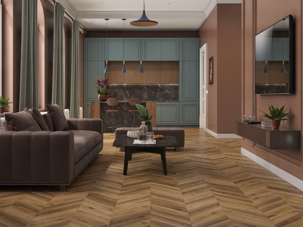Ламинат Alpine Floor Chevron Art Дуб Килиманджаро LF109-04 французская елка 550×112×12 фото в интерьере